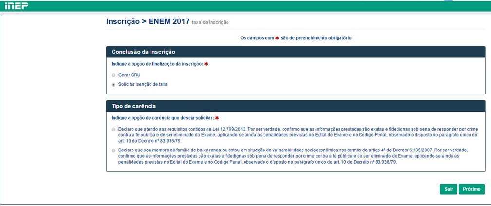 Enem 2017: conclusão da inscrição prevê gerar boleto ou pedir isenção (Foto: Reprodução/Inep)