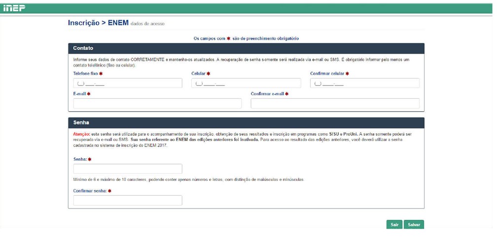 Enem 2017 - tela de inscrição vai exigir dados de contato (Foto: Reprodução/Inep)