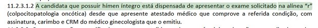 Trecho de edital do concurso do Corpo de Bombeiros do Distrito Federal que fala sobre &#39;teste de virgindade&#39; para candidatas (Foto: Reprodução)