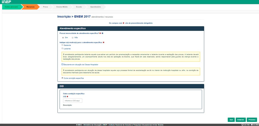 Enem 2017 - solicitação de atendimento específico no exame (Foto: Reprodução/Inep)