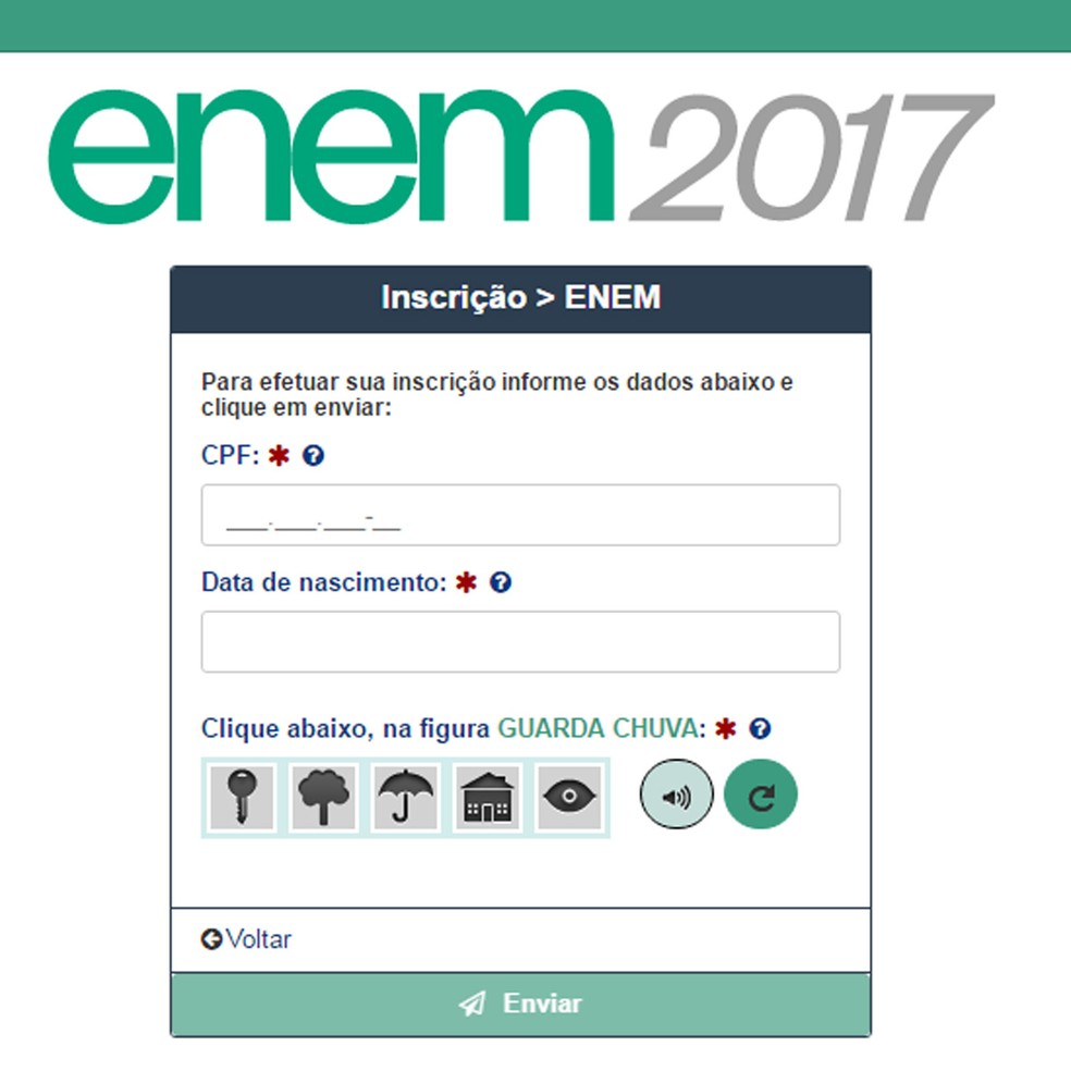 Primeiro passo para fazer a inscrição exige CPF e data de nascimento. (Foto: Reprodução/Inep)